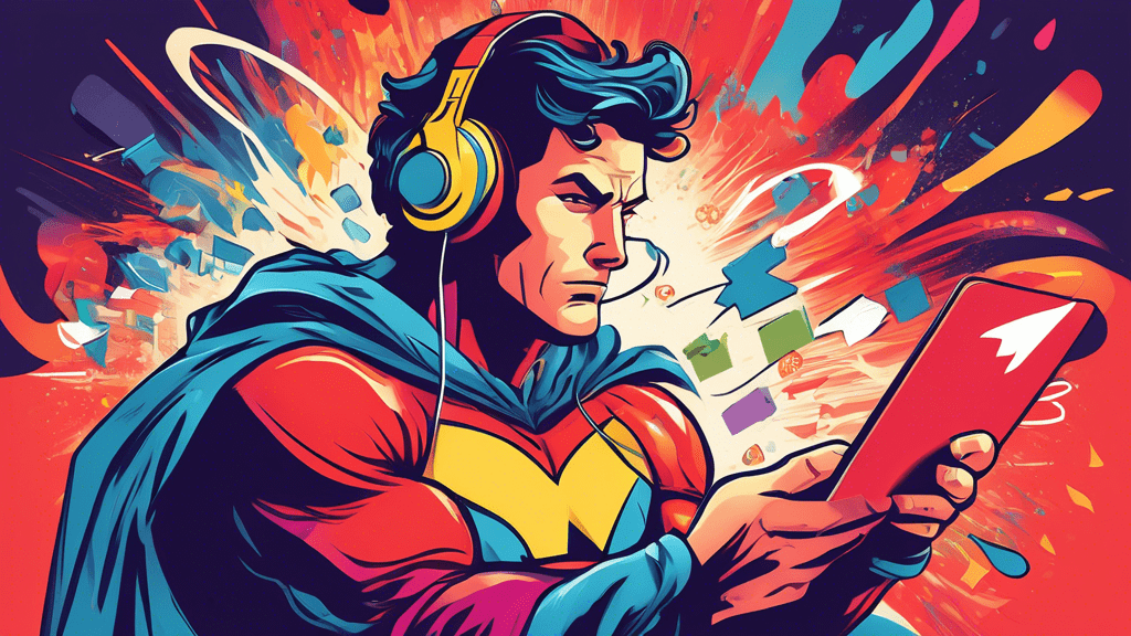 A superhero with a headset calmly resolving a chaotic storm of customer questions and messages.