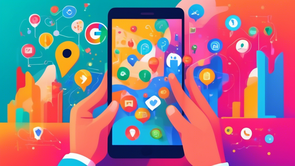 A hand holding a smartphone with the Google Business Profile Manager interface open, surrounded by floating icons of location markers, reviews, photos, and website links, all glowing with vibrant colo