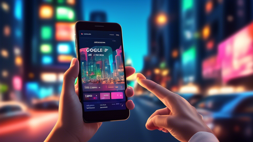 A hand holding a smartphone displaying a Google Business Profile dashboard with a glowing Mastered notification above it, set against a backdrop of bustling city streets.