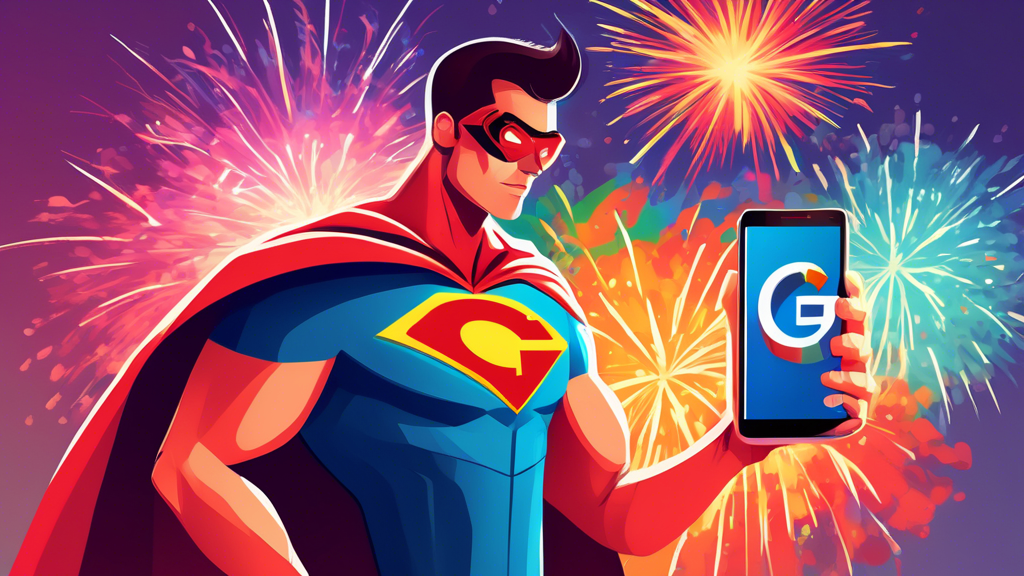 A superhero with a G logo on their chest holding a giant smartphone displaying a Google Business profile with fireworks exploding in the background.