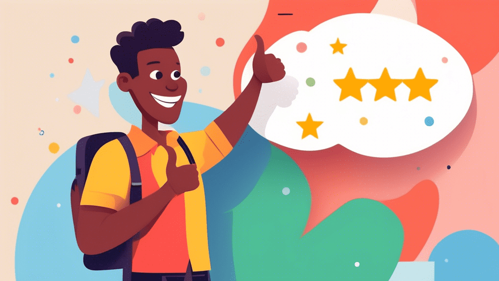 A small business owner smiling and giving a thumbs up while responding to a customer message on their Google Business Profile, with a giant speech bubble showcasing a 5-star review.