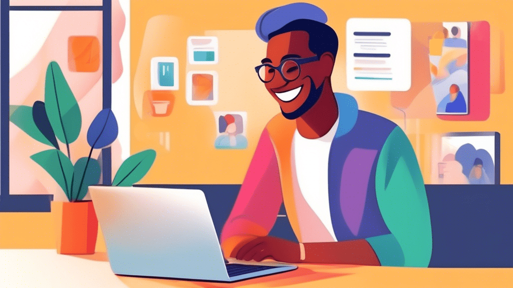 A small business owner smiling while responding to a customer message on their Google Business Profile on a laptop.
