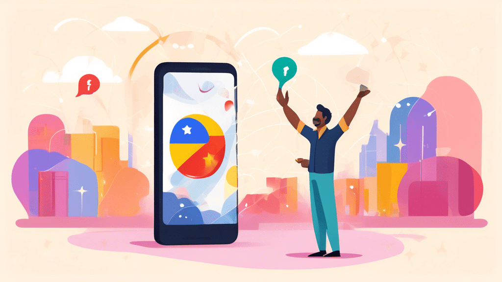 A smartphone with a Google Maps notification bubble showing a business owner celebrating a five-star review.