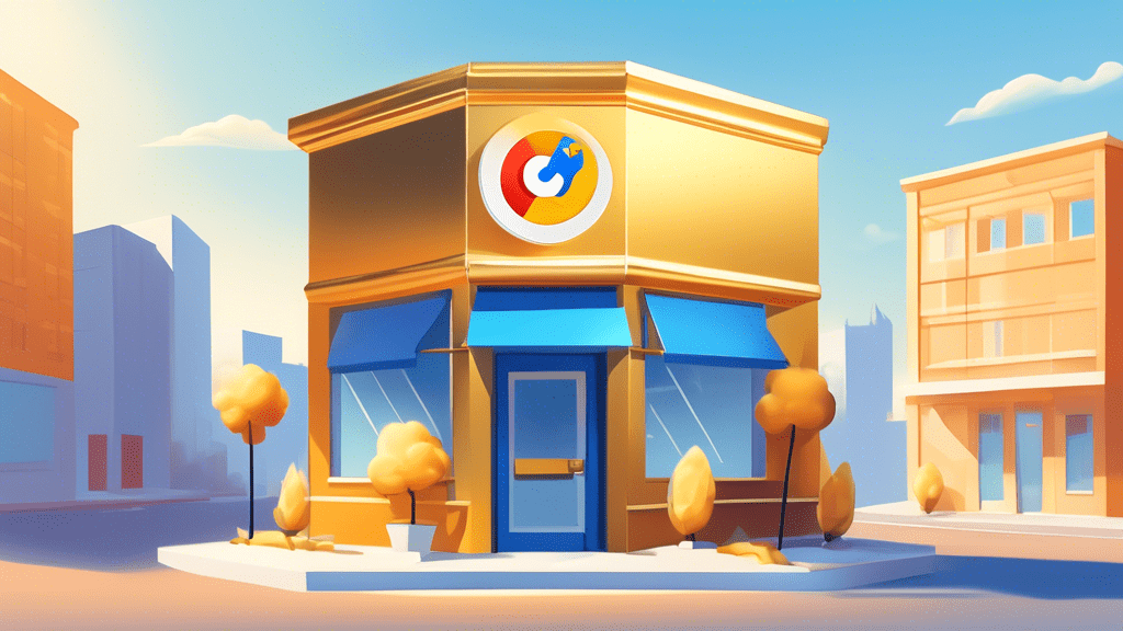 A storefront business radiating a golden glow with a stylized Google Maps pin above it and a checklist with check marks hovering next to it. Everything is crisp and clean with a bright blue sky in th