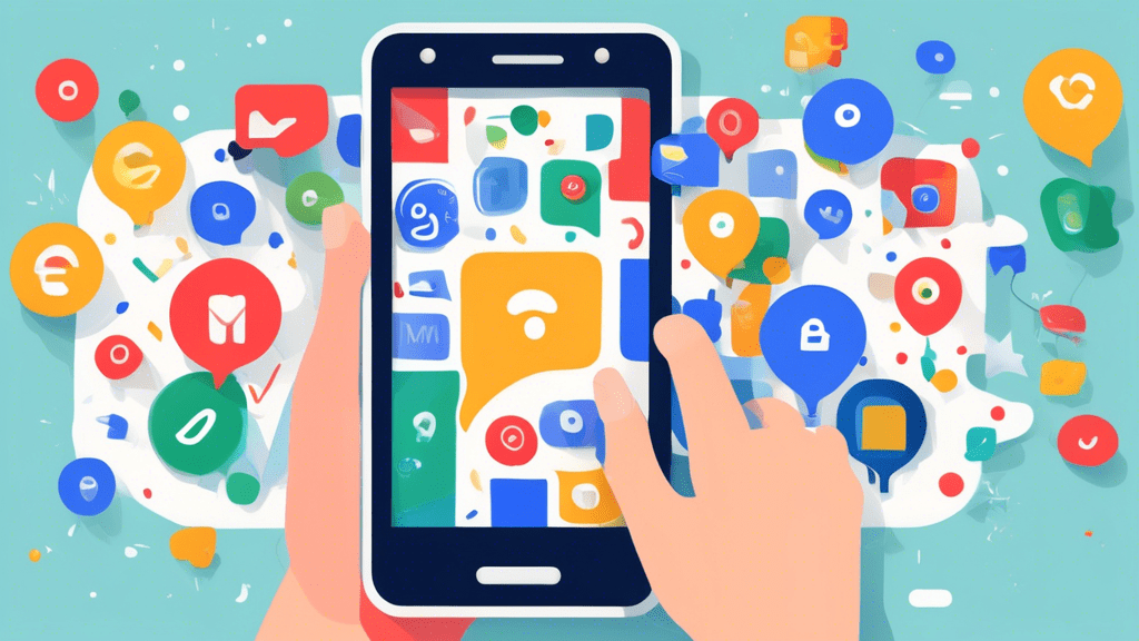 A hand holding a smartphone with a Google My Business logo on the screen, surrounded by floating icons representing reviews, maps, location pins, and happy customers.