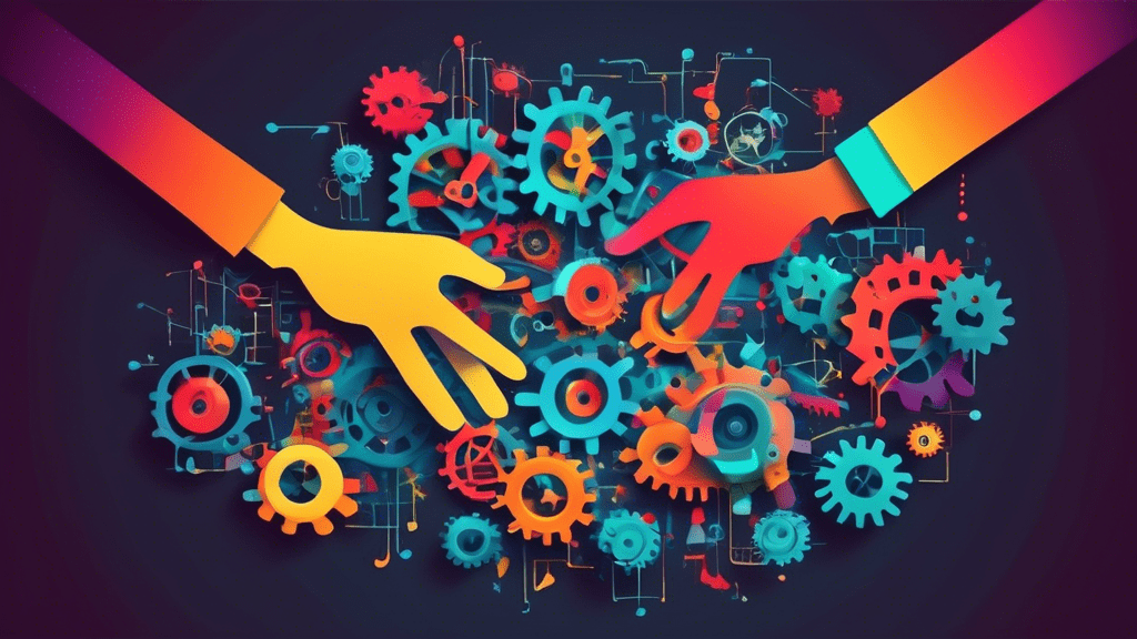 A hand precisely guiding a network of interconnected gears, with leads written on some gears, towards a funnel labeled sales.
