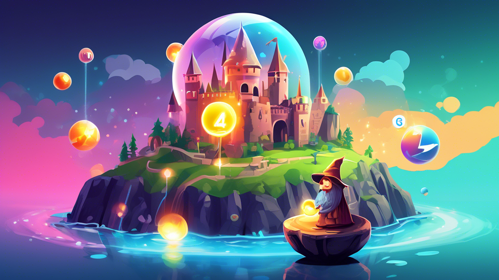 A friendly wizard guiding a hand holding a glowing orb with the Weebly logo towards a castle on a floating island surrounded by other floating islands representing online business success (shops, webs