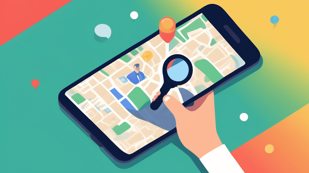 A hand holding a smartphone with a magnifying glass hovering over a Google Maps pin with the Google My Business logo on it.