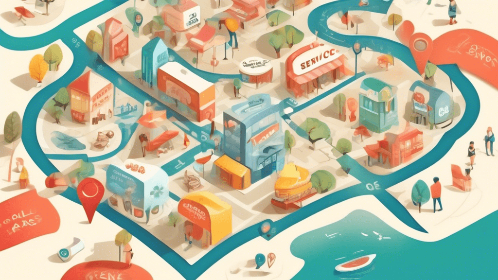 A hand holding a map with a highlighted area, overlaid with a Google Maps pin and various local business icons like shops, restaurants, and parks. The words Service Area are subtly embossed on the ma
