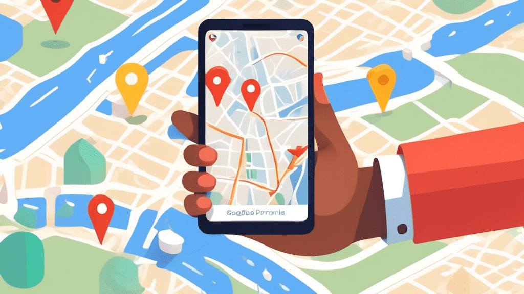 A hand holding a smartphone with a Google Maps interface showcasing a highlighted Google Business Profile, surrounded by map pins and navigational arrows.