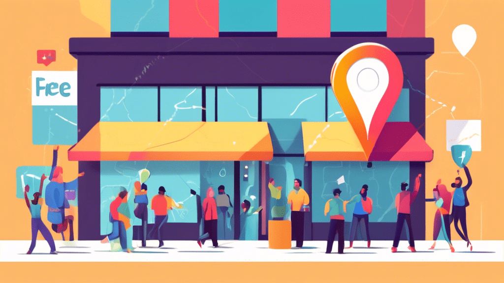 A storefront with a giant Google Maps pin hovering above it, with a banner that reads Free! and business owners celebrating inside.