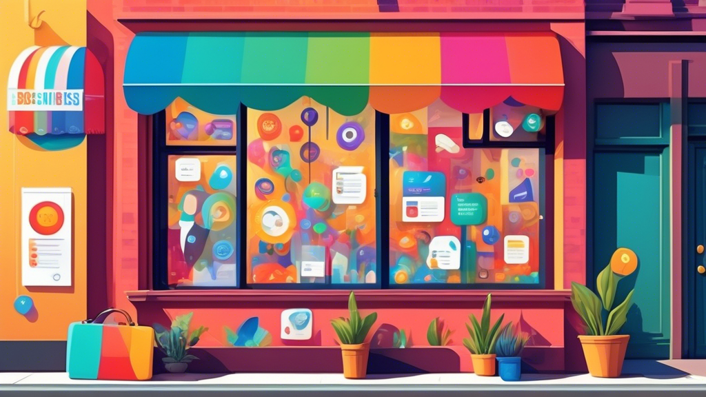 A storefront window with colorful Google Business Profile stickers, each sticker showcasing a different extension like reviews, bookings, and products with a magnifying glass hovering over it.