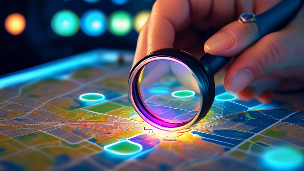 A business owner using a magnifying glass to examine a glowing Yext logo surrounded by location pins on a digital map.