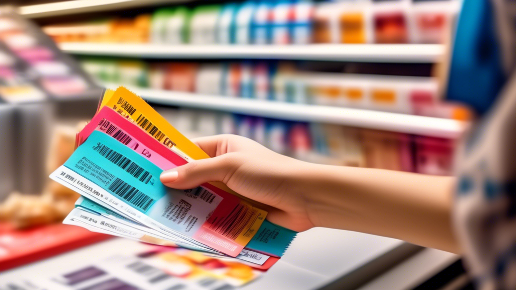A close-up photo of a person's hand holding several colorful paper coupons, with a blurred background of a grocery store checkout counter and a cashier scanning items.