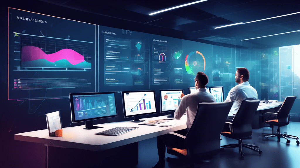 Create an image of a sleek, modern office with a large, interactive digital dashboard on a wall displaying various business analytics, graphs, and data visualizations. Include business professionals a