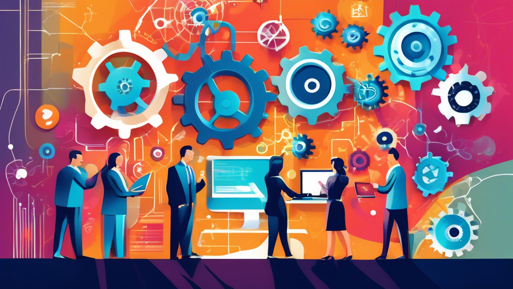 Create an image depicting a business environment where various software systems seamlessly connect and integrate, with symbols of gears, interconnected networks, and flowing data. Show a diverse team