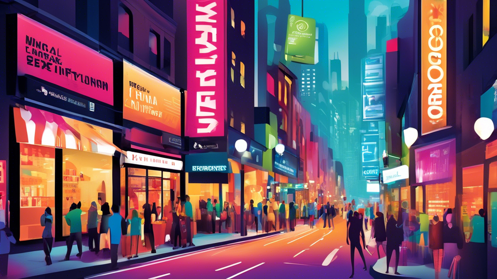 Create an image of a bustling city street filled with various businesses, each storefront displaying a digital sign with their information. Spotlight a central business that stands out with enhanced v