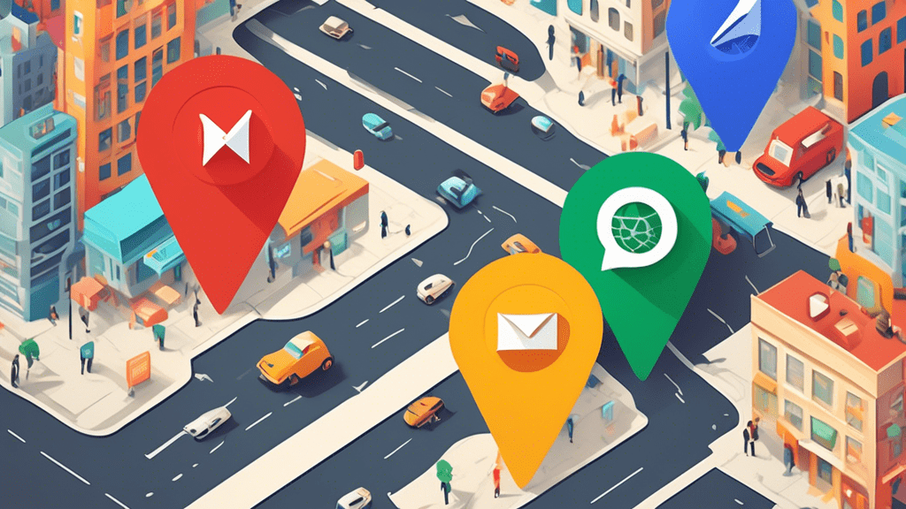 Two Google Maps pins merging into one, with overlapping business names and logos, against a backdrop of a bustling city street.
