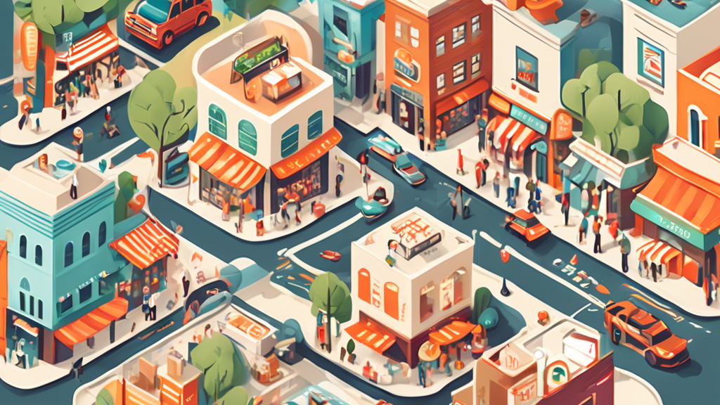 Create an engaging digital illustration of a bustling cityscape filled with various small businesses, each with a prominent location pin above them. Include vibrant storefronts, cafes, and offices dis