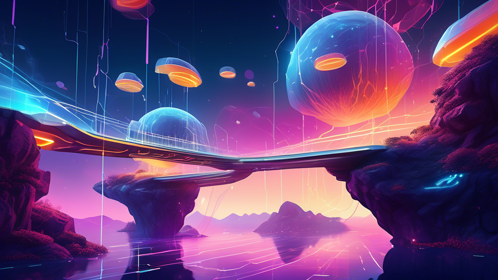 Prompt: A futuristic, digital bridge connecting two floating islands in the sky, with streams of glowing payment data flowing securely between them, representing the NMI gateway facilitating safe onli