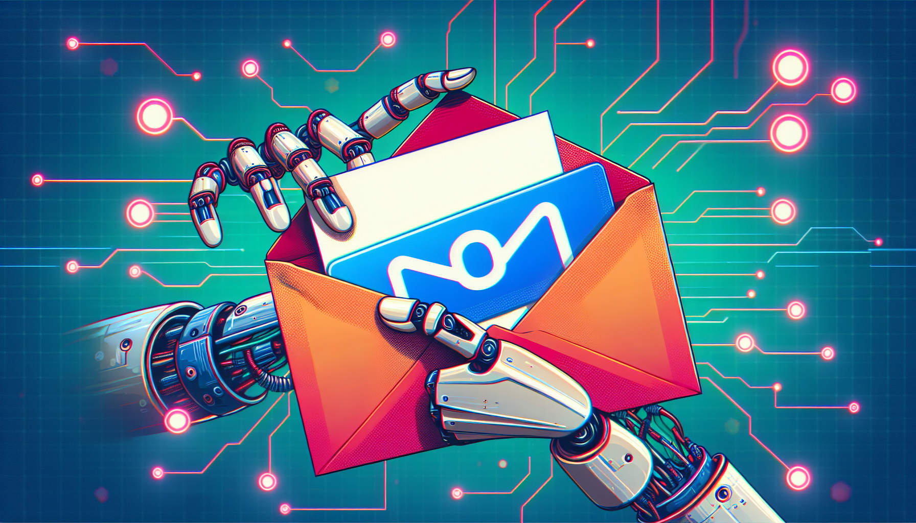 A friendly cyborg hand holding an envelope with the Namecheap logo on it, digital painting