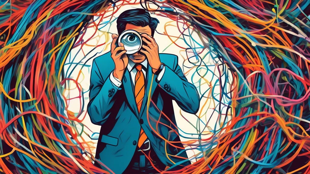 A frustrated business owner looking through a magnifying glass at a tangled mess of wires representing a complicated Google Business Profile appeal process.