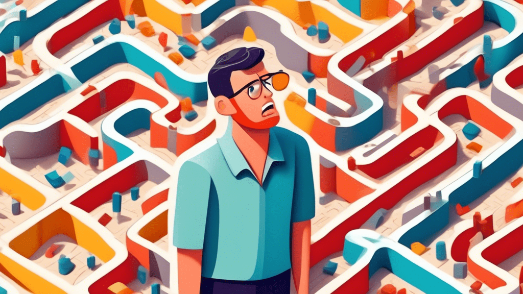 A small business owner lost in a maze made of Google Maps pins and policy documents, looking overwhelmed and confused.