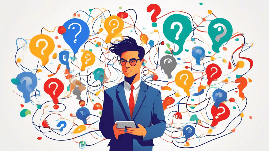 A frustrated business owner with tangled wires shaped like a question mark, surrounded by floating Google My Business icons and holding a phone with the Google Business Profile support page on the scr