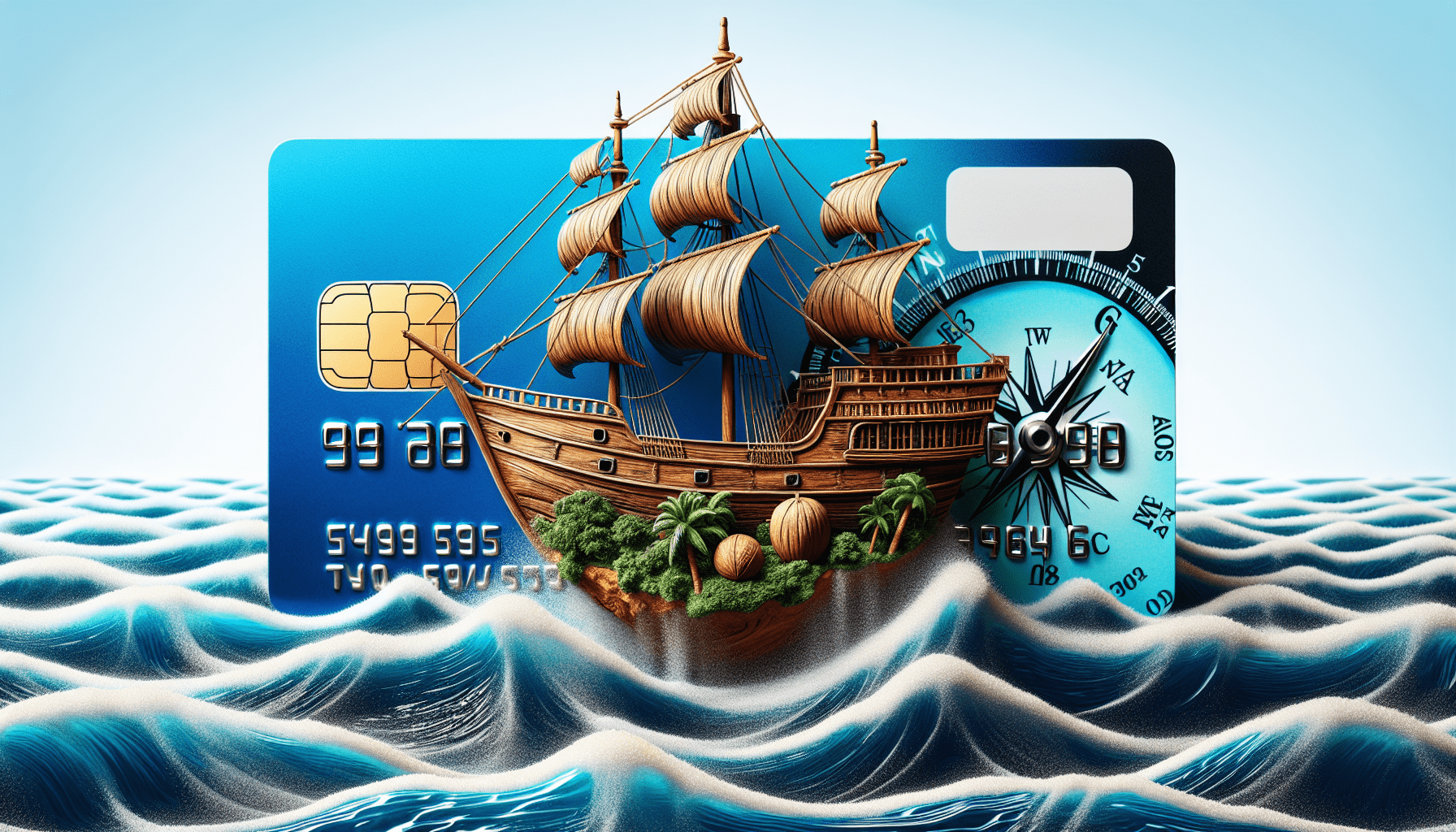 A vintage wooden ship sailing on a credit card in a vast ocean, with a compass pointing to a website address on a small island.