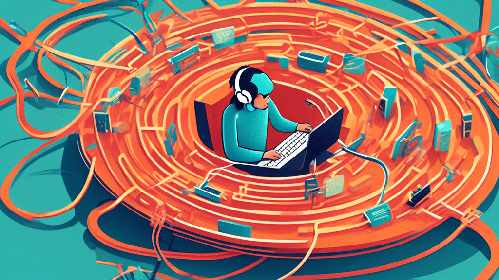 A frustrated person tangled in a maze of wires shaped like the Wix logo, trying to reach a headset wearing customer support agent on a floating island.