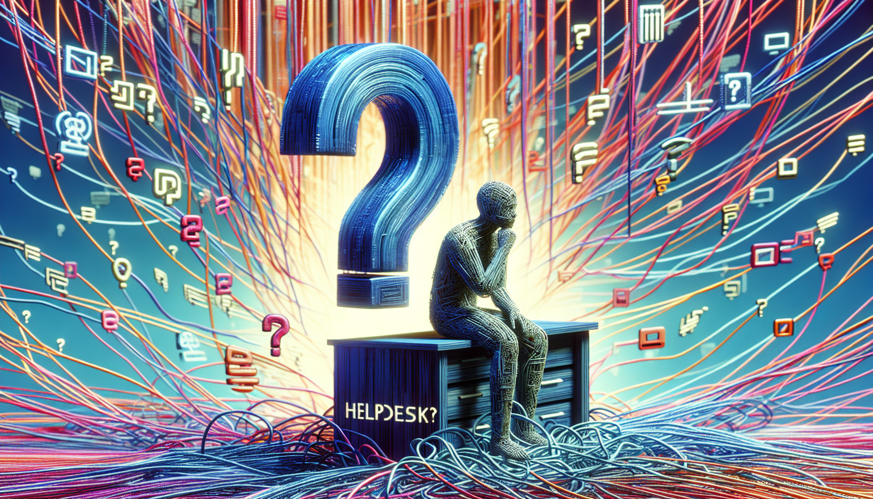 A frustrated person tangled in website code shaped like a question mark, with a tiny Wix help desk in the distance.