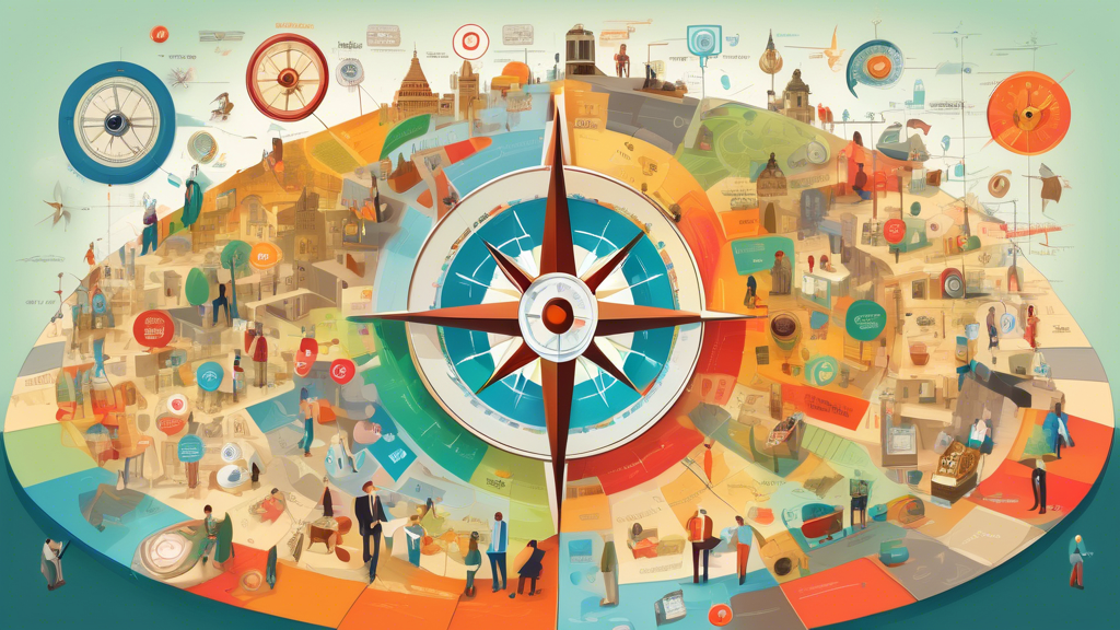 A business owner uses a giant compass to navigate a sprawling, complex map made up of icons and menus labeled Google Business Profile.