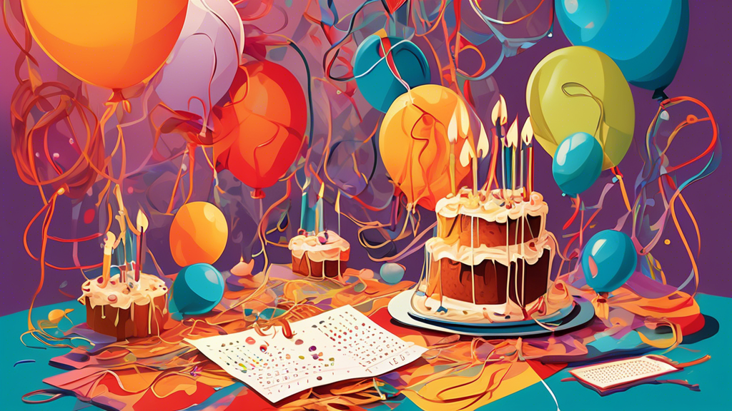 A chaotic scene of tangled strings connecting floating birthday cakes, balloons, and calendar pages with burning candles.