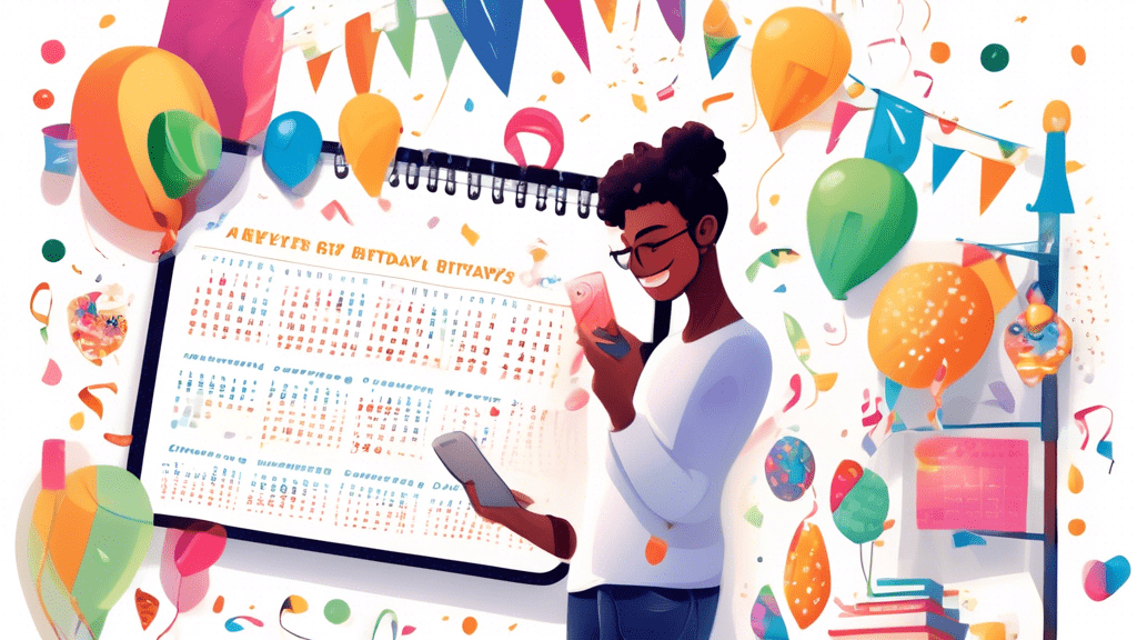 Prompt: A calendar page with various birthday reminders and celebrations marked, surrounded by colorful birthday decorations, gifts, and a smiling person holding a smartphone with a calendar app open,