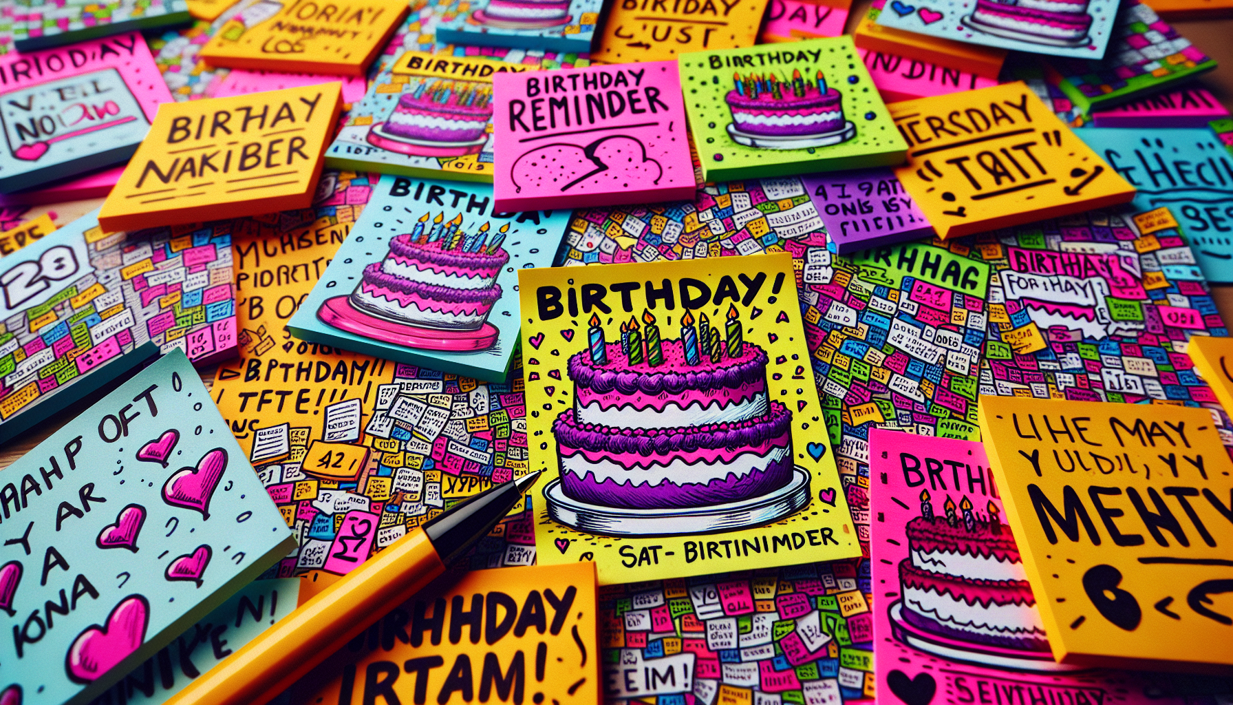 A cluttered desk with overflowing sticky notes reminding of birthdays, each with a different cake doodle and frantic handwriting.