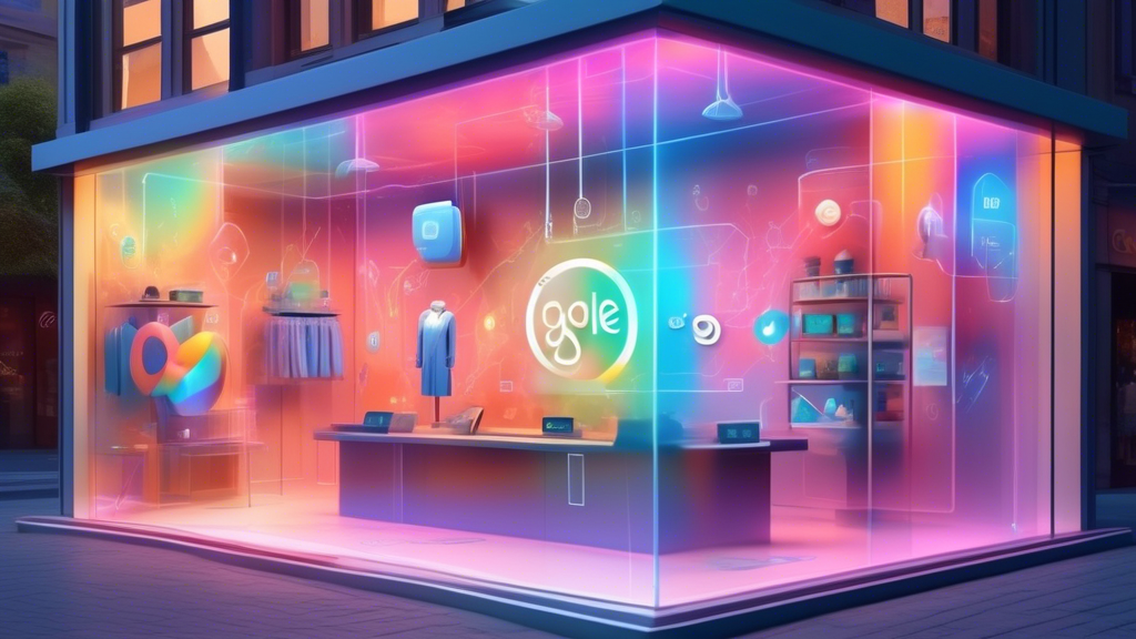 A futuristic shop window with the Google Maps logo, showing interactive holographic features like customer reviews, 3D product previews, and real-time appointment booking.