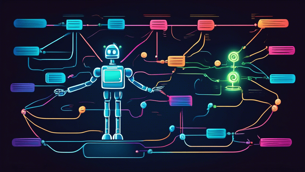 A flowchart with glowing lines connecting decision points that branch off to different outcomes, with a robot at the helm steering the flow chart.