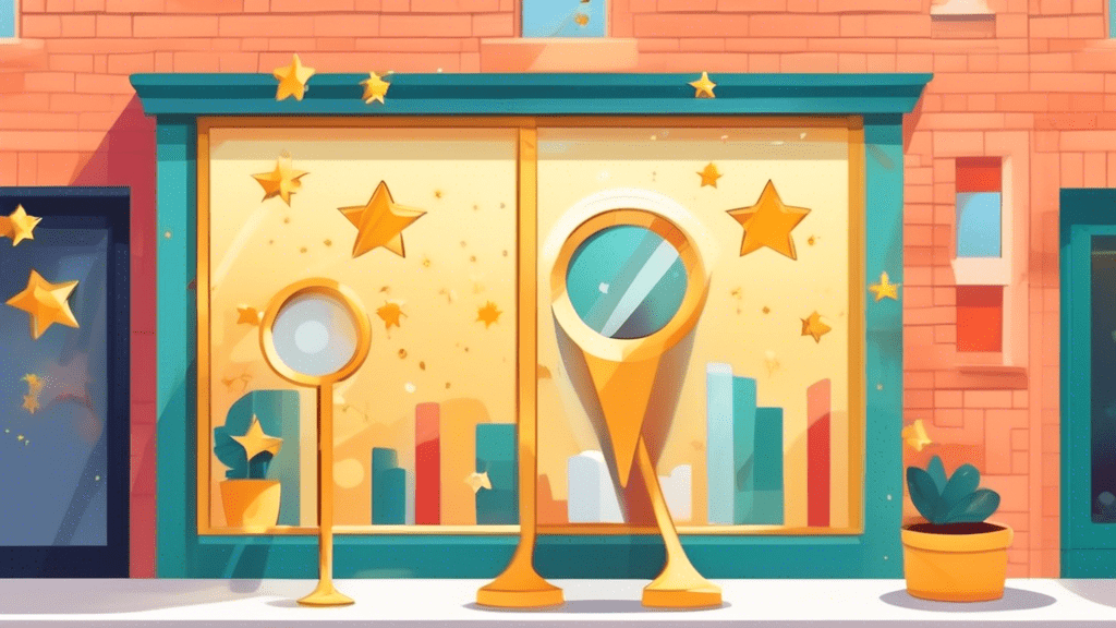 A storefront window with a magnifying glass inspecting a Google My Business profile with 5 gold stars.