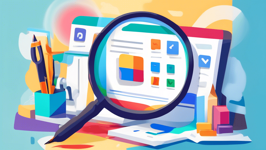 A magnifying glass inspecting a Google My Business storefront, with a checklist floating beside it and tools like a pencil, paintbrush, and camera surrounding them.