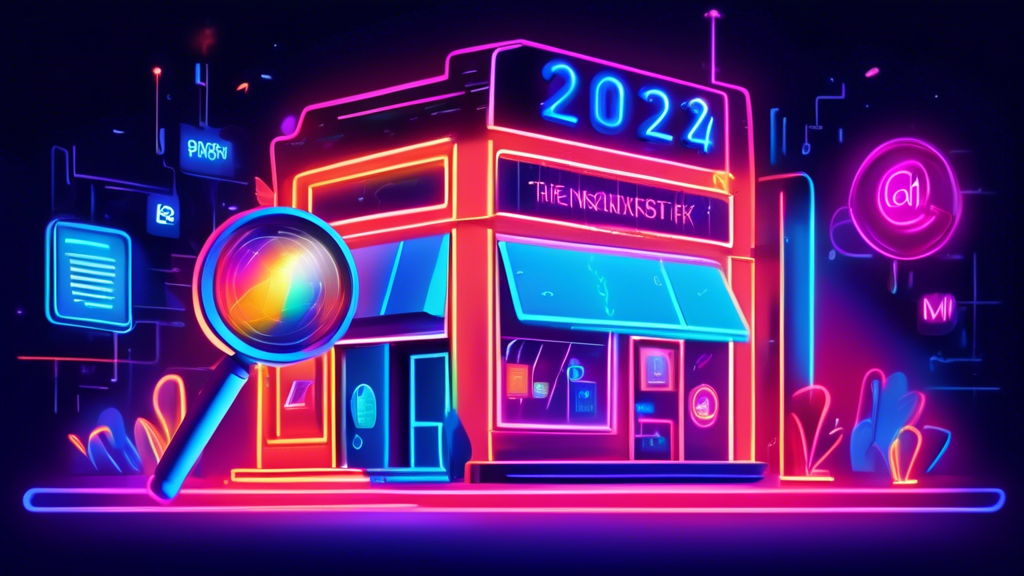 A storefront with a giant magnifying glass hovering over a Google My Business profile on a smartphone, with 2024 in neon lights in the background.