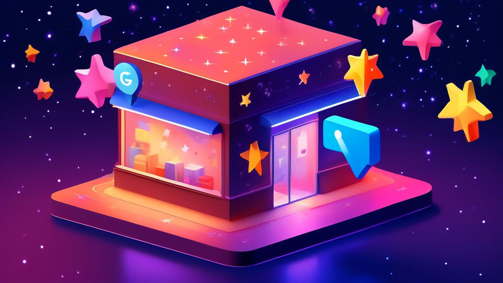 A storefront glowing with a Google Maps pin hovering above it, surrounded by floating stars and checkmarks.