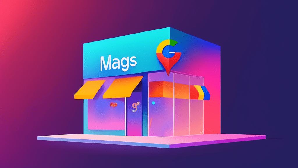 A storefront with the Google Maps pin logo and a glowing Business Profile sign hovering above it.