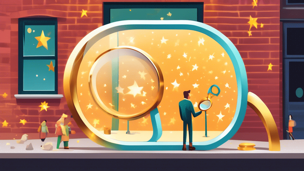 A storefront window with a giant magnifying glass analyzing a Google Business profile with 5 glowing gold stars.