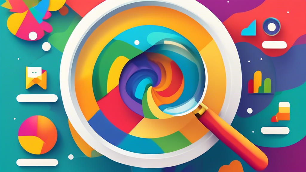 A magnifying glass hovering over a vibrant Google Business Profile with a perfectly sized and eye-catching logo, surrounded by positive customer reviews and a five-star rating.