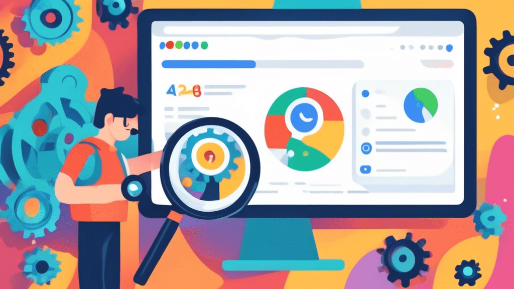 A hand with a magnifying glass inspecting a Google My Business profile page on a computer screen, with gears and settings icons surrounding it.