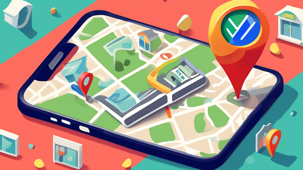 A storefront business bursting out of a smartphone map with a magnifying glass highlighting a Google My Business pin.