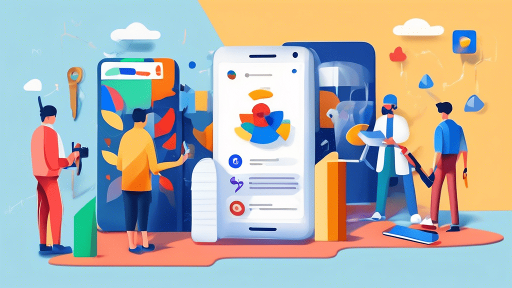 A smartphone displaying a Google Business Profile being meticulously organized and polished by tiny people with tools, with a large 2023 in the background.