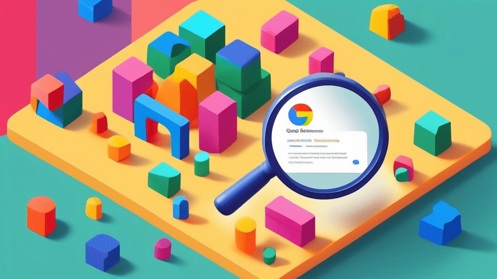 A magnifying glass hovering over a Google My Business storefront, with keywords appearing as colorful building blocks.