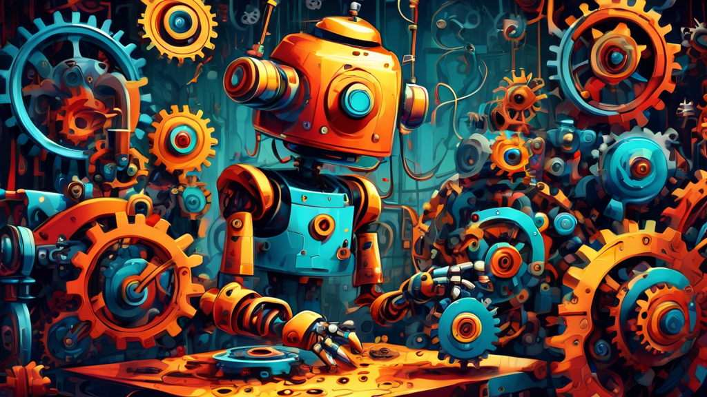 A robot conducting a symphony of gears and machinery, fine-tuning them with precision tools