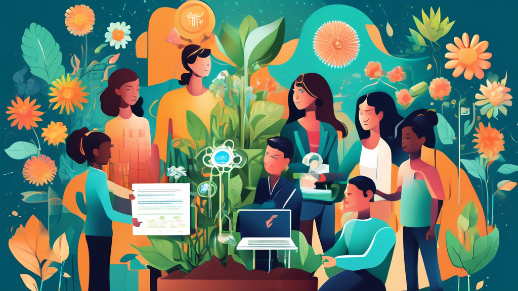 Create an illustration depicting the concept of AI ownership, showing a diverse group of people and organizations collaboratively holding and nurturing a blooming, vibrant LLM (Language Learning Model